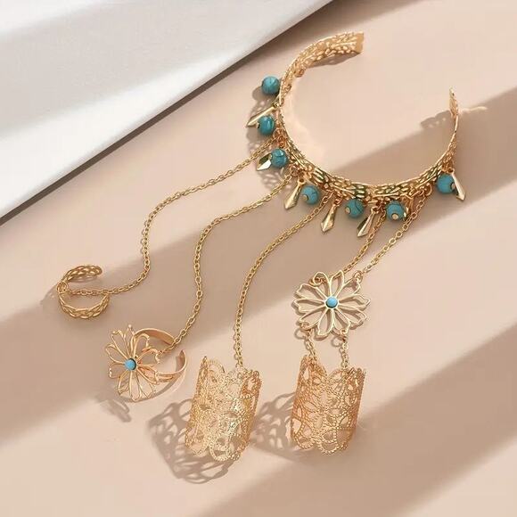 Boho Turquoise Flower Chain Hand Bracelet Ring Set – Gold Tone Bracelet - Picture 2 of 5